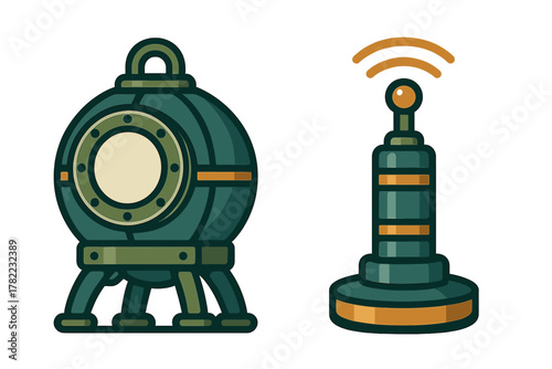 Retro-futuristic deep sea diving module and communication beacon technology symbols