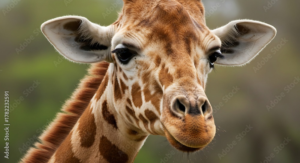Fototapeta premium Close-up portrait of a majestic giraffe with its distinctive spotted coat and gentle expression.