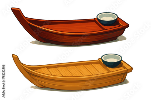 Set of two stylized wooden serving boats with small ceramic bowls