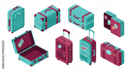 Vibrant isometric luggage collection showcases diverse travel bags ready for adventure, inspiring wanderlust and global exploration