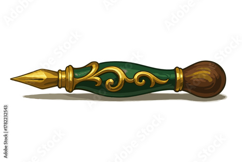 Elegant antique writing instrument with golden nib and ornate green handle featuring detailed baroque scrollwork