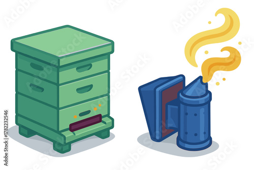 Green wooden beehive box and blue metal bee smoker with yellow smoke rising