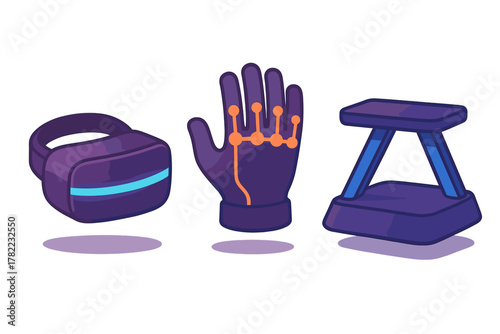 Futuristic virtual reality devices set including VR headset haptic glove and motion tracker