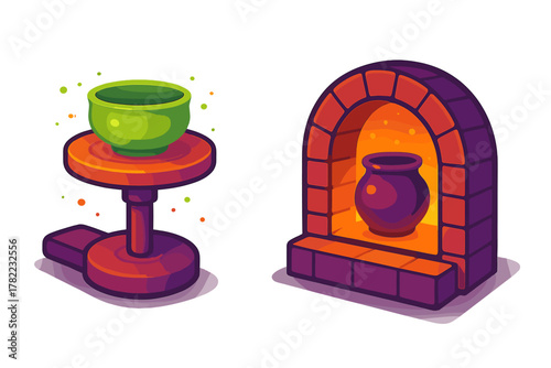 Pottery making process showing a green bowl on a spinning wheel and a purple pot firing in a hot kiln