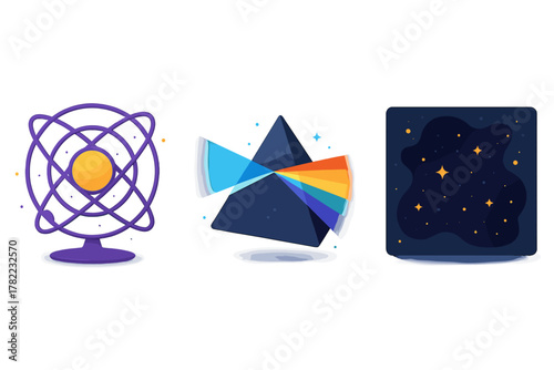 Atomic structure, light refraction prism, and starry night sky science concepts