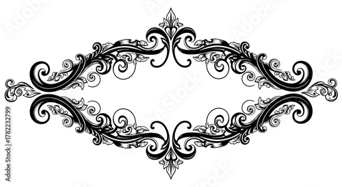 Ornate Black and White Baroque Style Horizontal Frame with Elaborate Scrolls on Isolated White Background
