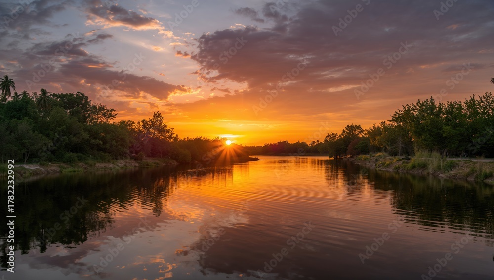 Obraz premium Golden hour river view at sunset with natural landscape and holiday vibes