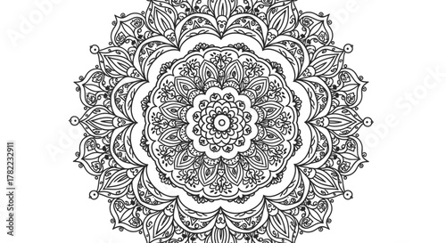 Intricate Black and White Mandala Pattern with Detailed Floral and Geometric Elements on Isolated White Background