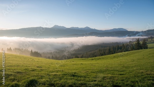 Magnificent view of early morning mist surrounding mountain peaks.