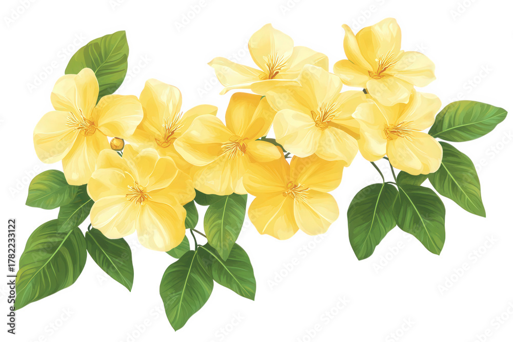 Naklejka premium Radiant yellow flowers isolated on transparent background, showcasing their bright and cheerful petals, complemented by lush green leaves, forming a delightful floral arrangement