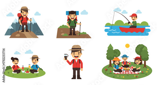 Vibrant collection of happy people enjoying outdoor adventures like hiking, fishing, and picnicking in sunny nature scenes