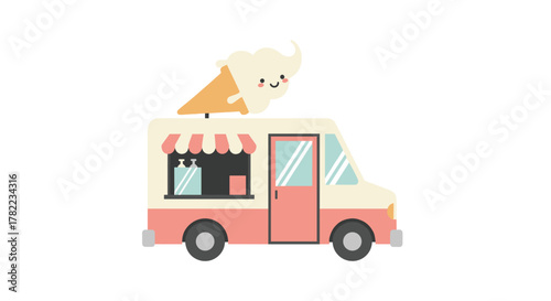 Whimsical smiling ice cream cone topping a delightful pastel ice cream truck, perfect for summer celebrations and sweet treat marketing