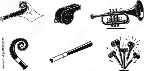 Vector illustration of scroll, whistle, trumpet, cane, telescope, microphones, bold black silhouette icons, communication, music, authority, tradition design
