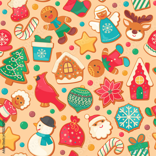 Christmas cookie seamless pattern on beige background. Gingerbread house festive sugar cookies. Holiday sweet food cartoon repeat design. Cute vector illustration for gift wrapping paper, fabric, etc.