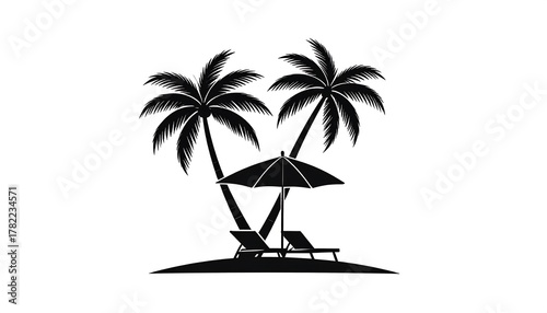 Fototapeta Naklejka Na Ścianę i Meble -  Silhouette image of a tropical scene, featuring two palm trees, a beach umbrella, and two lounge chairs, all on a small strip of land