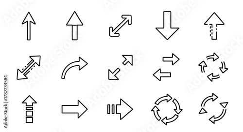 Collection of outline arrow icons, including directional, circular, and expanding arrows, presented in a clean, modern line art style suitable for graphic design, web development, app interfaces, and