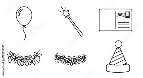 A collection of festive and celebratory outline-style icons, perfect for design projects, cards, apps, and social networks. Includes a balloon, a magic wand with a star, a postcard with a stamp, a
