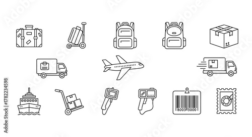 Collection of simple linear outline icons representing baggage and parcel transportation, including suitcases, backpacks, trucks, an airplane, a ship, a hand truck, a barcode, and a postage stamp