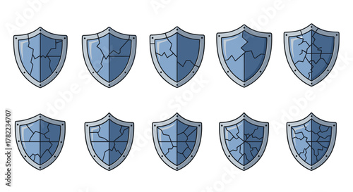 Collection of ten cracked shield icons, presented in two rows of five, each shield featuring a blue metallic surface with visible cracks and a silver border, suitable for interface elements, posts