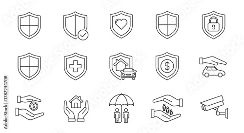 Collection of minimalistic line icons representing shield, defense, insurance, security, and protection concepts. Includes icons for health, car, home, family, money, and surveillance, perfect for