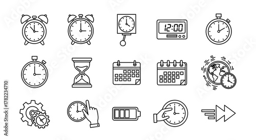 Modern outline style icons set for design, cards, apps, and social networks. Vector cartoon illustration featuring various time-related symbols like alarm clocks, hourglass, stopwatch, calendar