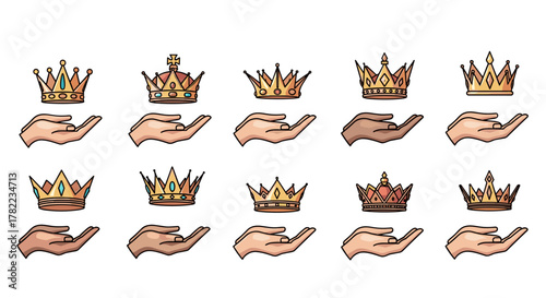 Collection of cartoon-style vector illustrations featuring golden crowns of various designs presented above open hands, symbolizing royalty, power, success, and achievement, set against a clean white