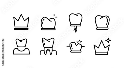 Modern Outline Style Dental Crown Icons for Design Projects, Cards, Apps, and Social Networks. This Ordered Set Features Various Dental Crown Illustrations, Including a Clean Crown, a Crown with