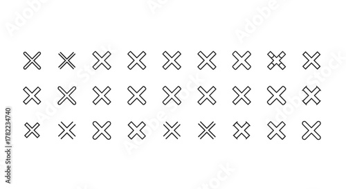 A collection of minimalistic linear pictograms representing a cross mark, presented in a clean, vector cartoon illustration style. These versatile icons are perfect for web and graphic design, apps