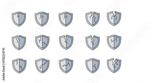 Collection of cracked shield pictograms, symbolizing broken security, vulnerability, and failed protection. These vector cartoon illustrations are perfect for graphic design, websites, cards, books