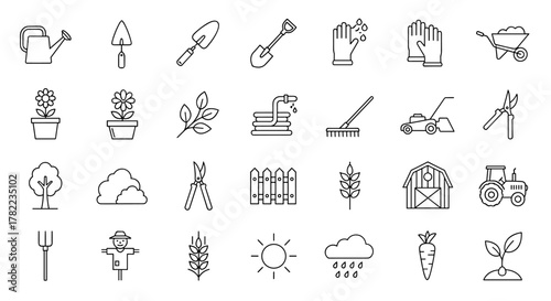 A comprehensive set of clean, linear outline icons representing gardening, landscaping, and farming activities, featuring tools like watering cans, shovels, rakes, lawnmowers, and pruners, alongside
