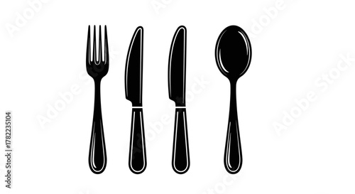 Set of fork, knife, and spoon logotype menu, presented in a flat style. Silhouette of cutlery, vector illustration, ordered line icon set on a clean white background, perfect for culinary themes and