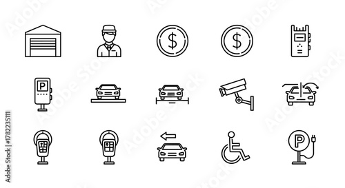 Comprehensive Parking Line Icon Set: Featuring Garage, Valet Servant, Paid Parking Meter, Security Camera, Car Lift, Electric Vehicle Charging Station, Handicap Accessibility, and More. A Clean and