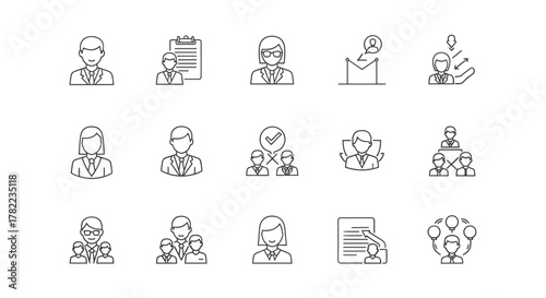 Thin line icon set representing leadership and business concepts, including teamwork, organization, management, managers, strong individuals, training, partnerships, campaigns, and advisors, suitable