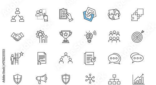 A comprehensive set of line icons representing teamwork, planning, connection, cooperation, optimization, brainstorming, achievement, and other business-related concepts, all with editable strokes