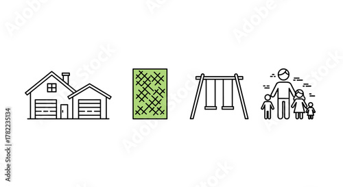 Clean line art icons representing suburban family life, including a house with an attached garage, a patch of green lawn, a children's swing set, and a stylized depiction of a family unit