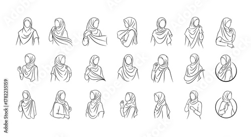 Collection of minimalist line art illustrations depicting Muslim women wearing hijabs in various elegant poses, showcasing modern Islamic fashion and cultural identity, perfect for logos and design