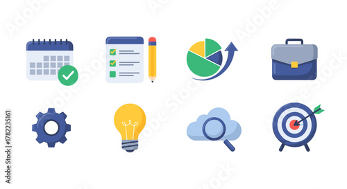 Set of eight flat design icons representing business planning and task management, including a calendar with a checkmark, a to-do list with a pencil, a pie chart with an upward arrow, a briefcase, a