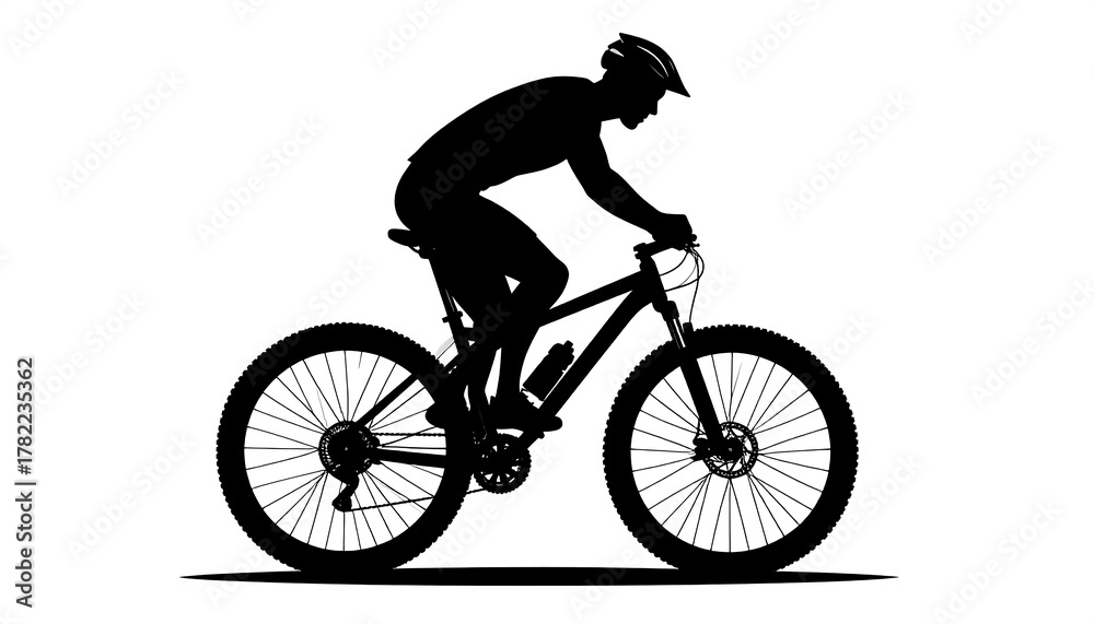 Fototapeta premium Silhouette of a person riding a mountain bike, head down, in a forward leaning position