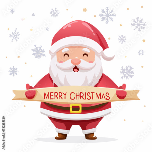 Kawaii-style Santa Claus illustration wishing a Merry Christmas with playful text on a banner, surrounded by snowflakes for a festive greeting