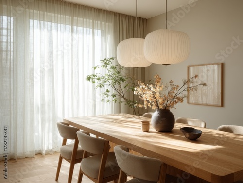 A table with a vase of flowers on it. The table is surrounded by chairs. The chairs are white and wooden