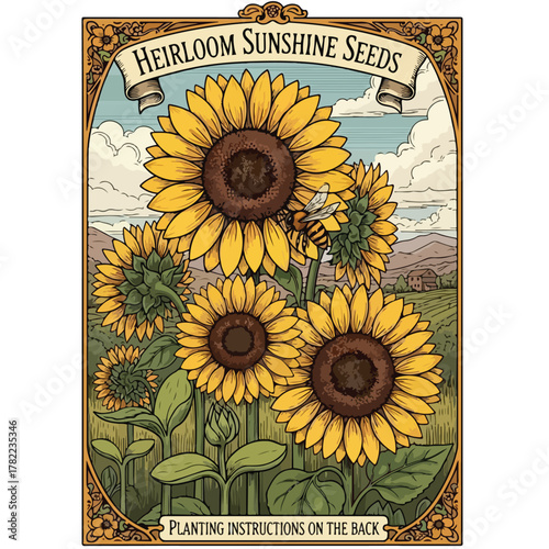 Vintage Sunflower Vector Illustration with Botanical Elements in Organic Style for Garden Branding and Floral Design