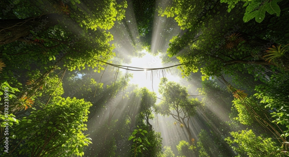 Fototapeta premium Sunbeams piercing through dense green jungle canopy, creating a dramatic, ethereal scene