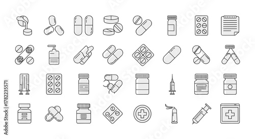 Collection of 30 thin line icons representing pills, capsules, syringes, medical bottles, and other pharmaceutical and healthcare symbols, perfect for web, apps, and print design. Editable stroke and