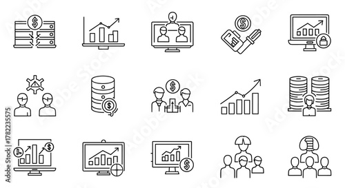 Scalability and scalable system line art vector icons for apps and websites, presented as an ordered set on a white background, representing business growth, data management, and team collaboration