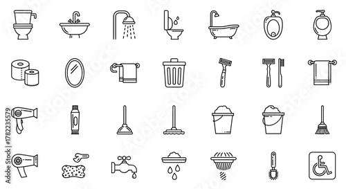 Comprehensive Sanitary Line Icon Pack: A collection of essential toilet outline signs perfect for graphic and web design, app development, advertisements, and various card designs. This vector