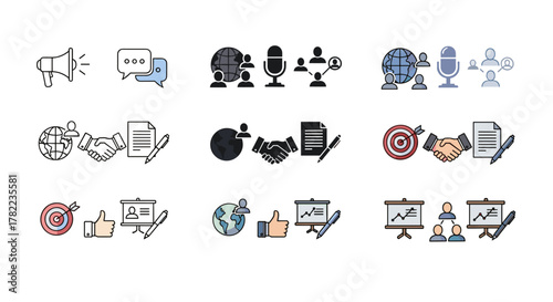 Collection of public relations and business communication icons in multiple styles, including a megaphone, speech bubbles, global connections, handshakes, documents, microphones, targets