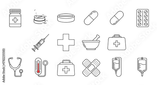 A comprehensive collection of medical and healthcare-related line icons, featuring essential items such as a pill bottle, capsules, tablets, a syringe, a stethoscope, a thermometer, a mortar and