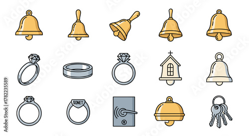 Collection of cartoon vector icons featuring wedding rings, bells, a church bell, a door handle, and keys, perfect for infographics, articles, books, flyers, and banners, with editable strokes and a