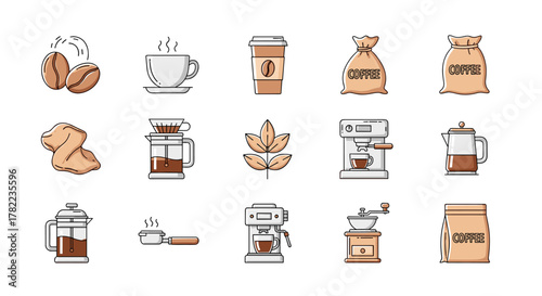 A collection of minimalistic linear vector illustrations depicting various coffee-related items, including coffee beans, a steaming cup, a takeaway cup, coffee bags, a French press, a pour-over