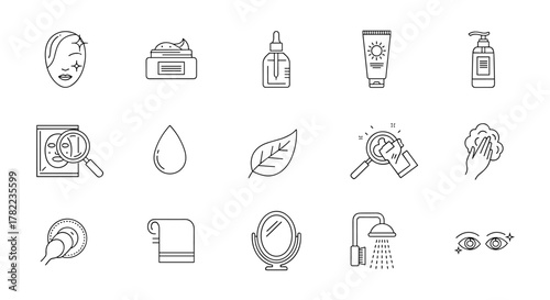 Set of minimalistic linear icons representing skin care and beauty treatments, including face cream, serum, sunscreen, soap dispenser, face mask analysis, water drop, leaf, magnifying glass, hand